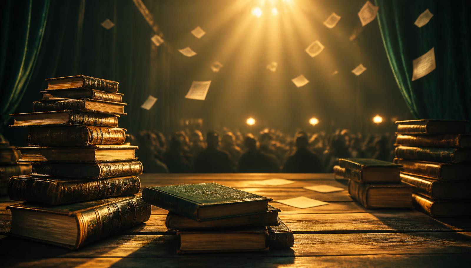 Books stacked on a warmly lit festival stage before an audience